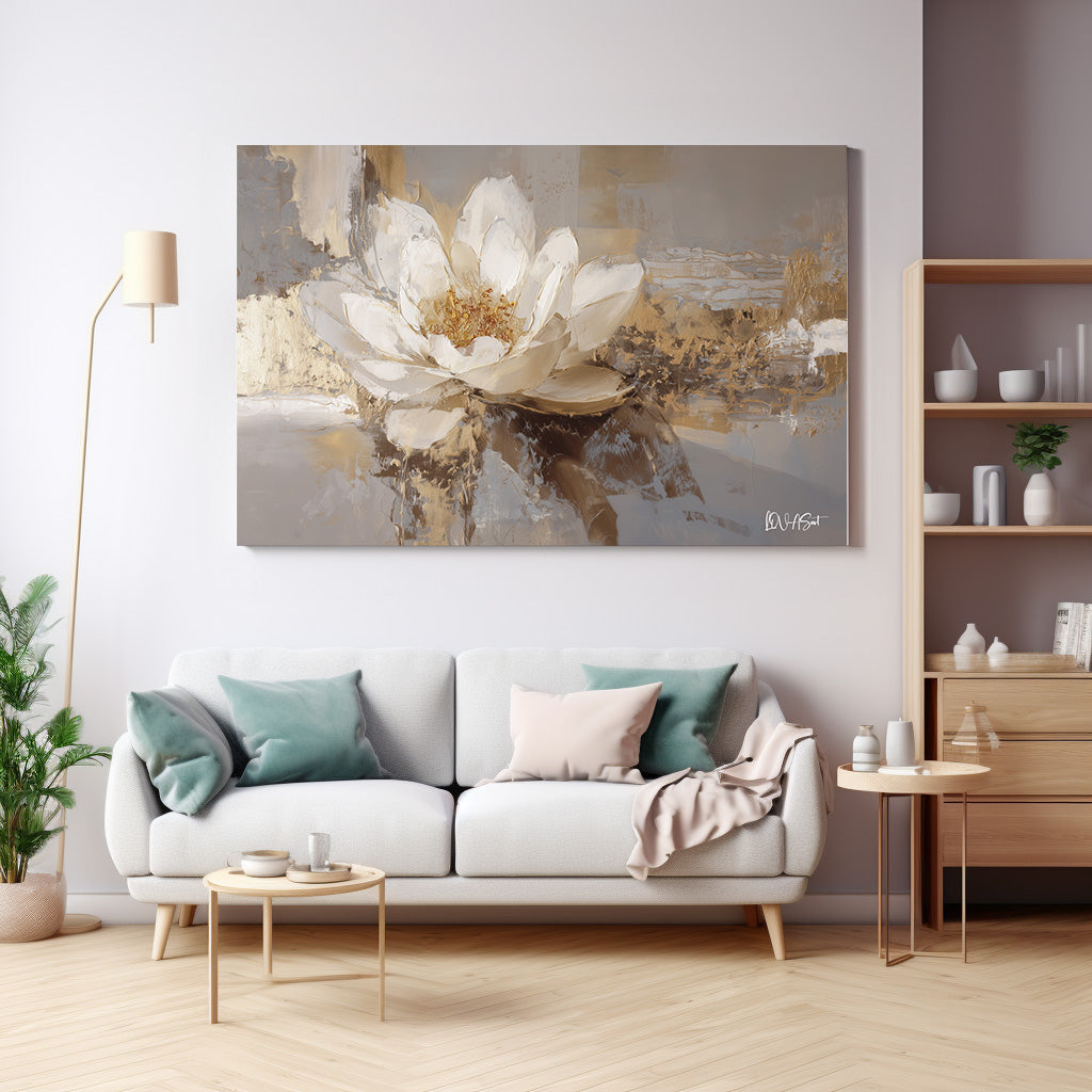 Bej Beyaz Çiçek kanvas tablo — duvarda dekorasyon görünümü