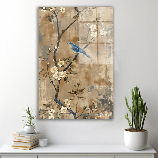 Bej Dalda Mavi Kuş cam tablo — farklı açıdan görünüm