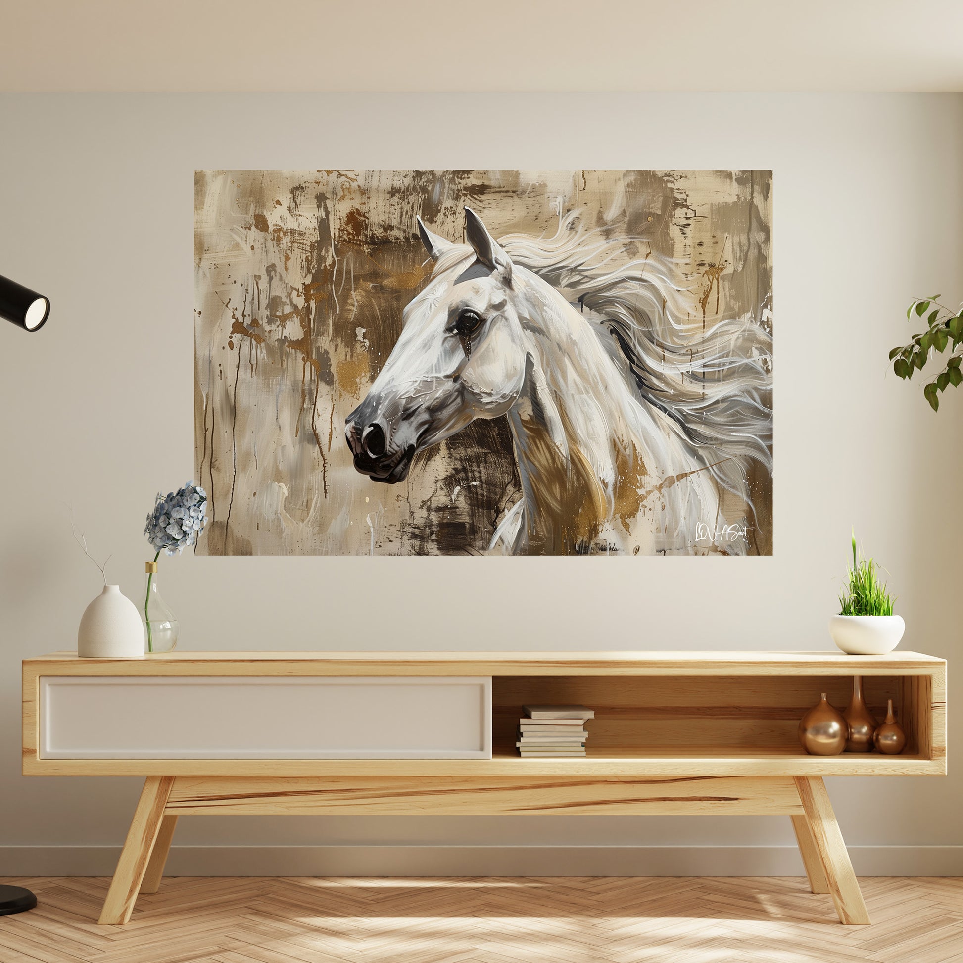 Bej Fonda Beyaz At kanvas tablo — iç mekân uygulama örneği