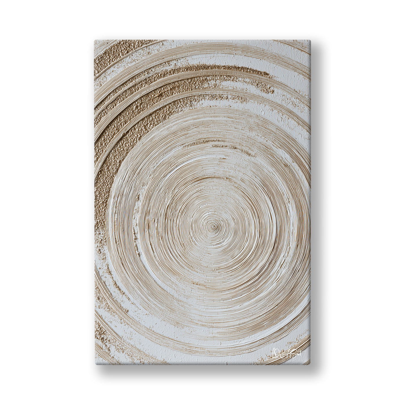 Bej Spiral Doku kanvas tablo — Merkezinden dalga dalga açılan bembeyaz kabartmalı bir spiral.