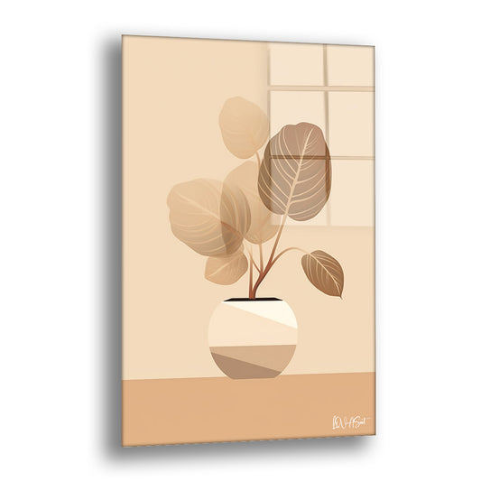 Bej Vazoda Yapraklar cam tablo — yuvarlak bir vazodan çıkan iri yaprakların sade bir zeminde grafik bir sadelikle çizildiği ç