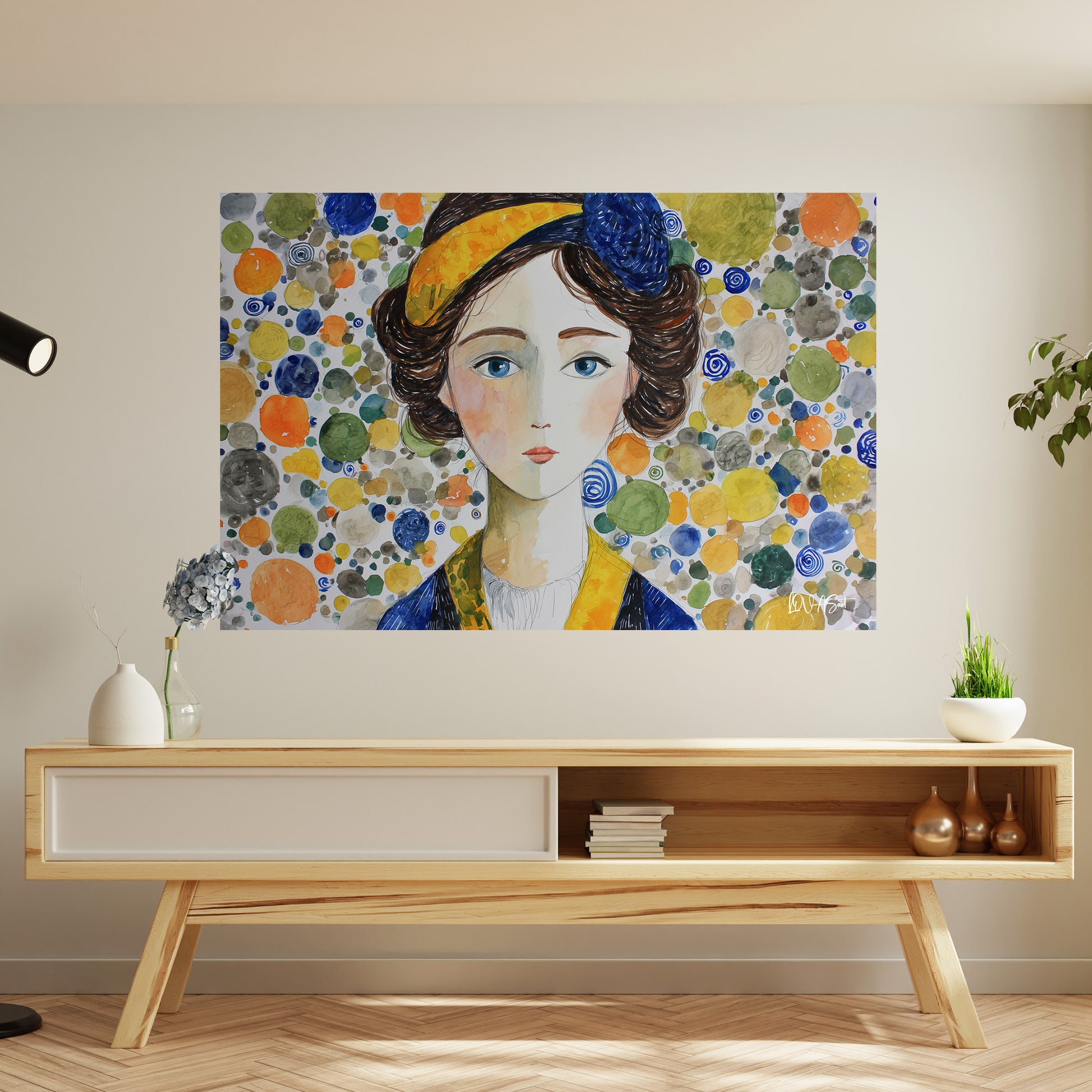 Benekli Mavi Portre kanvas tablo — iç mekân uygulama örneği