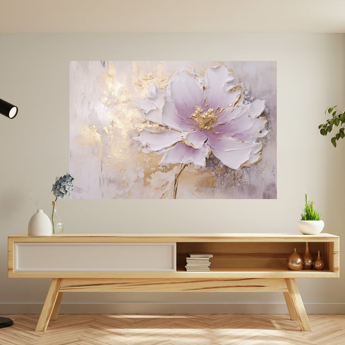 Beyaz Altın Çiçek kanvas tablo — iç mekân uygulama örneği