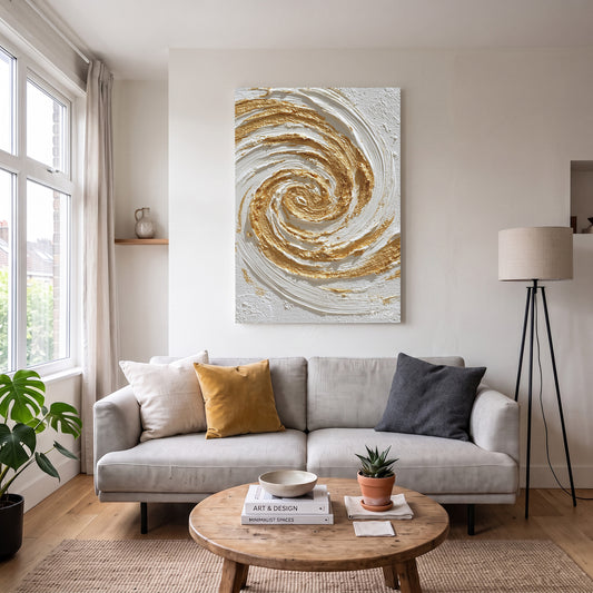 Beyaz Altın Spiral kanvas tablo — duvarda dekorasyon görünümü