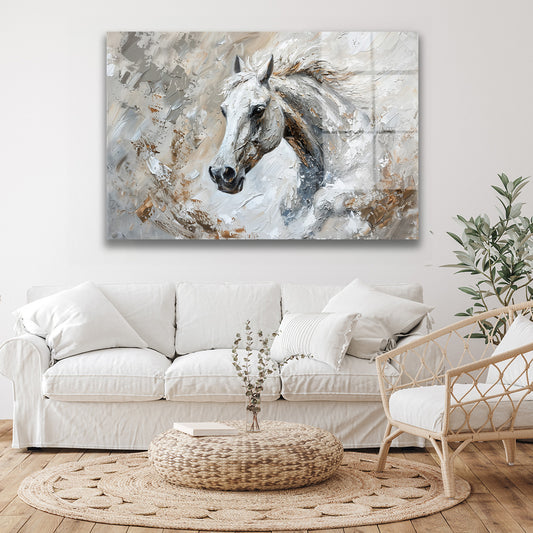 Beyaz At Portresi 5 cam tablo — duvarda dekorasyon görünümü