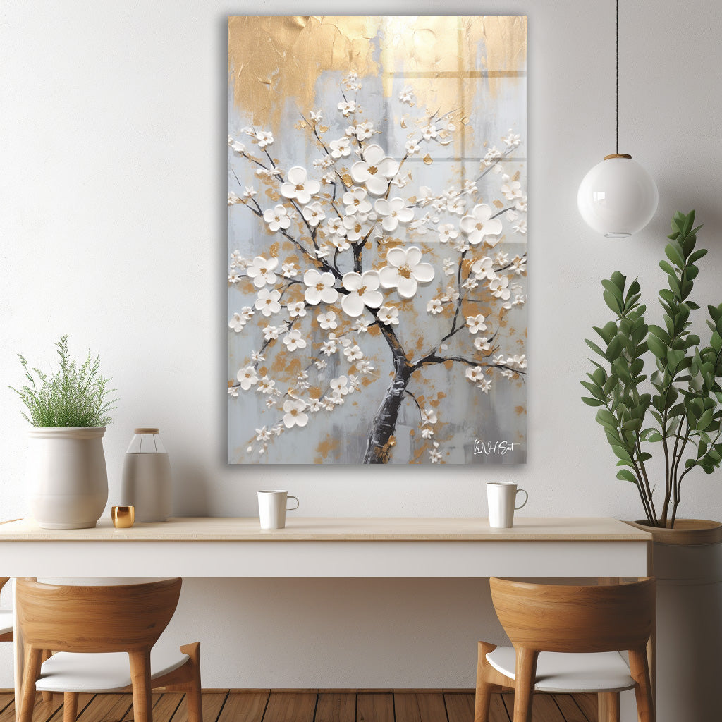 Beyaz Bahar Dalı cam tablo — iç mekân uygulama örneği