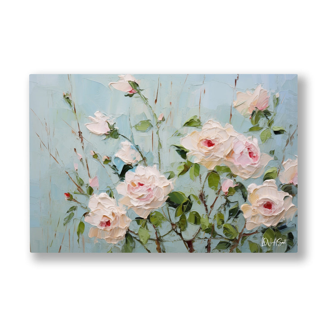 Beyaz Bahar Dalları 2 kanvas tablo — Soluk mavi bir gökyüzüne doğru yayılan pudra pembesi bahar gülleri.