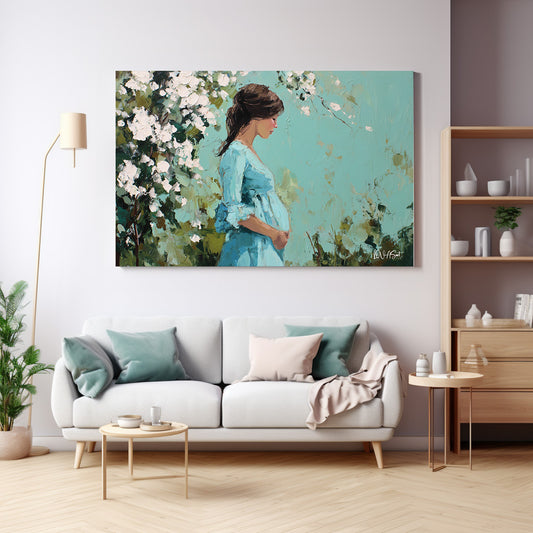 Beyaz Çiçekler Arasında Kadın kanvas tablo — duvarda dekorasyon görünümü