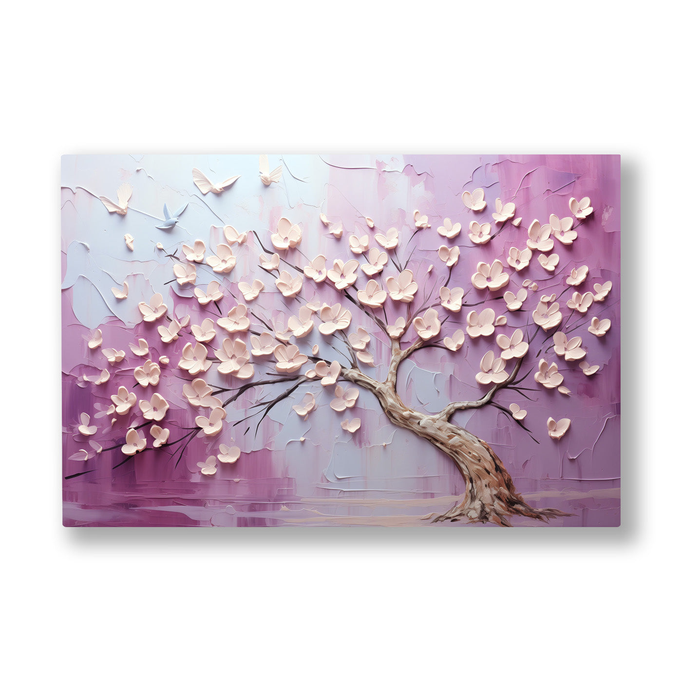 Beyaz Çiçekli Ağaç 14 kanvas tablo — Mor ve pembe bir gökyüzünde beyaz çiçekli ağacın etrafında kuşlar uçuşuyor.
