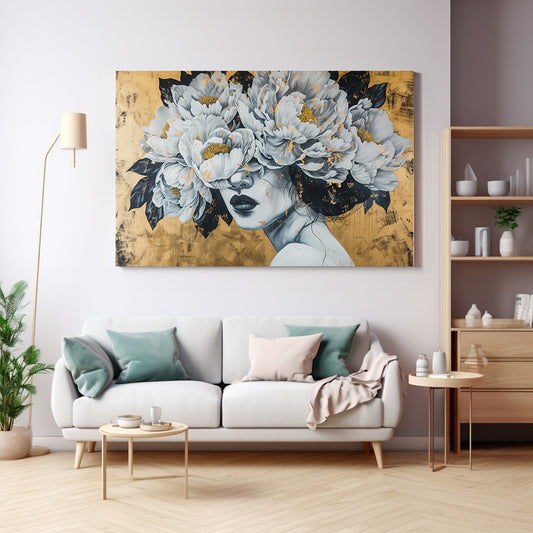 Beyaz Çiçekli Baş kanvas tablo — duvarda dekorasyon görünümü