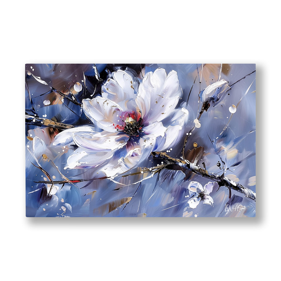 Beyaz Çiçekli Dal 9 kanvas tablo — Lila bir gecede iri beyaz bir çiçek, mor gölgelerin arasında açılıyor.