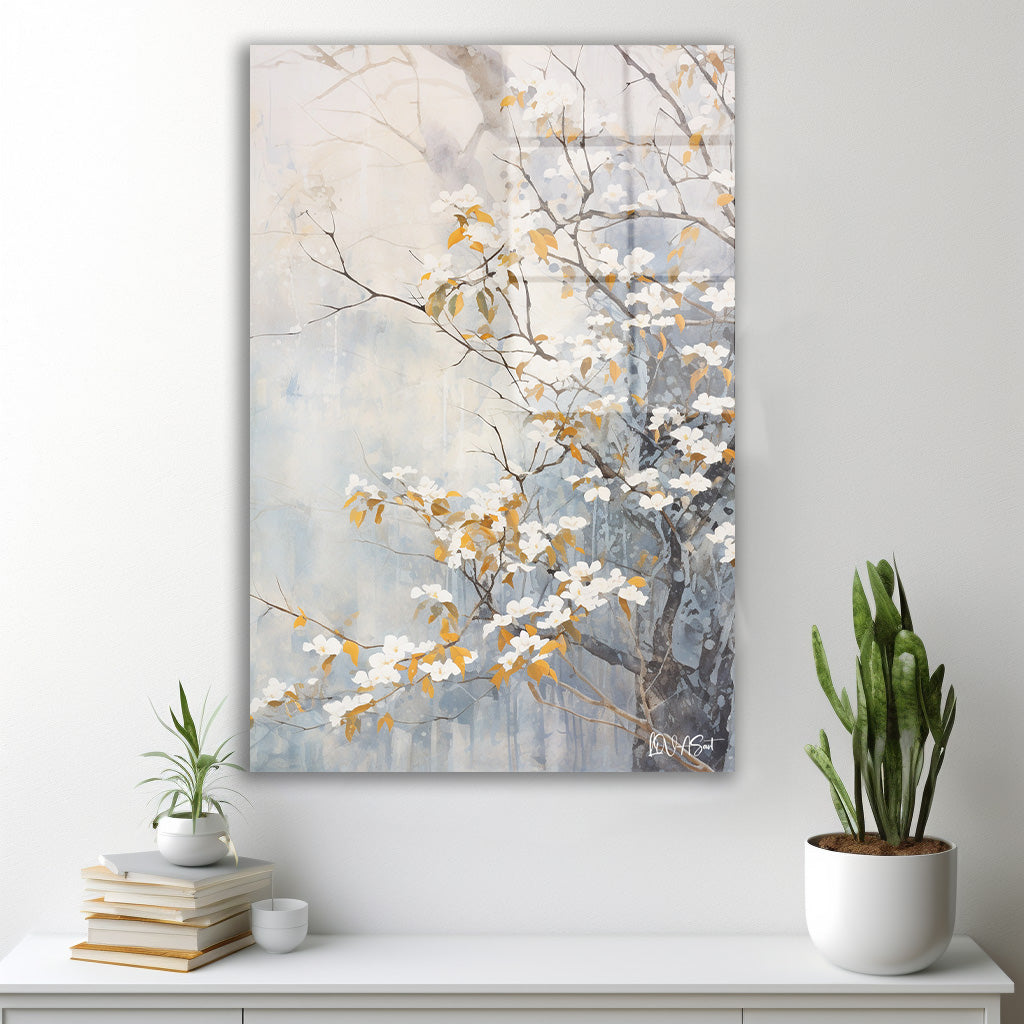 Beyaz Çiçekli Dallar cam tablo — farklı açıdan görünüm