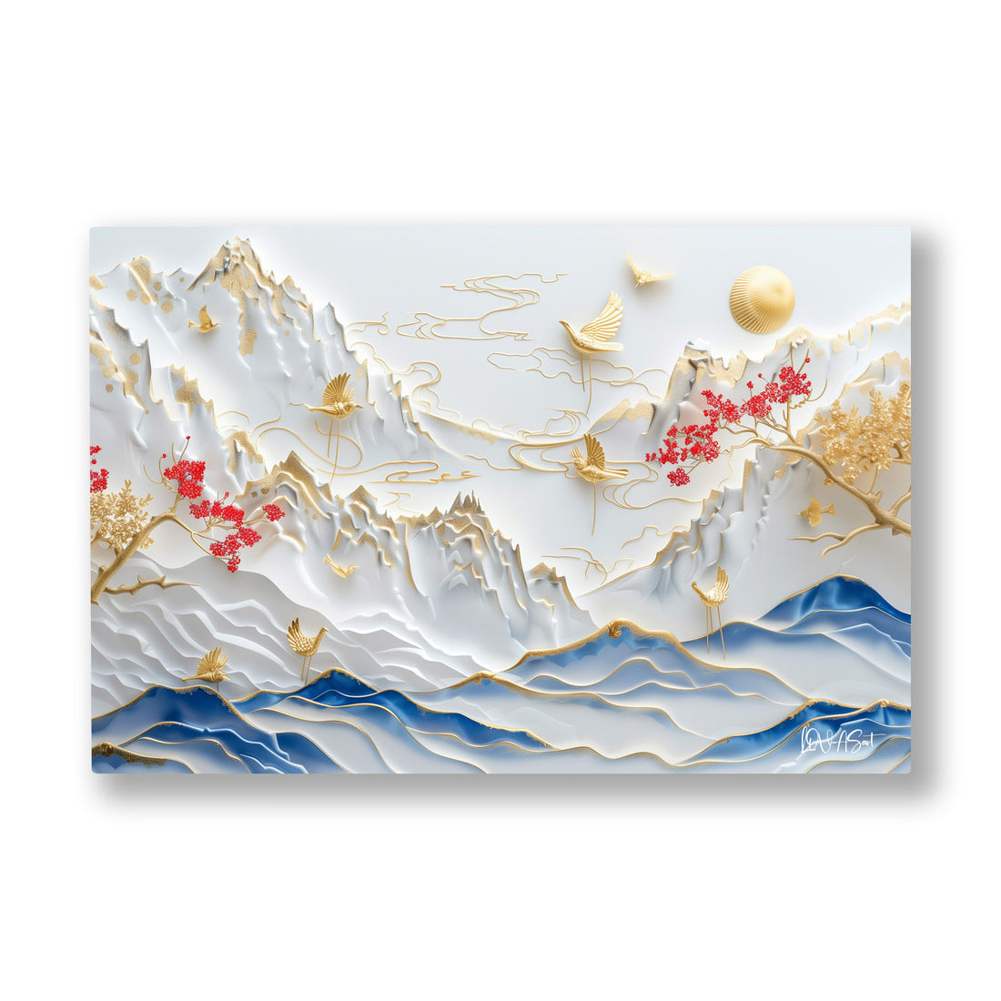 Beyaz Dağ Kabartması kanvas tablo — Bembeyaz kabartma dağların ardından altın bir güneş yavaşça yükseliyor.