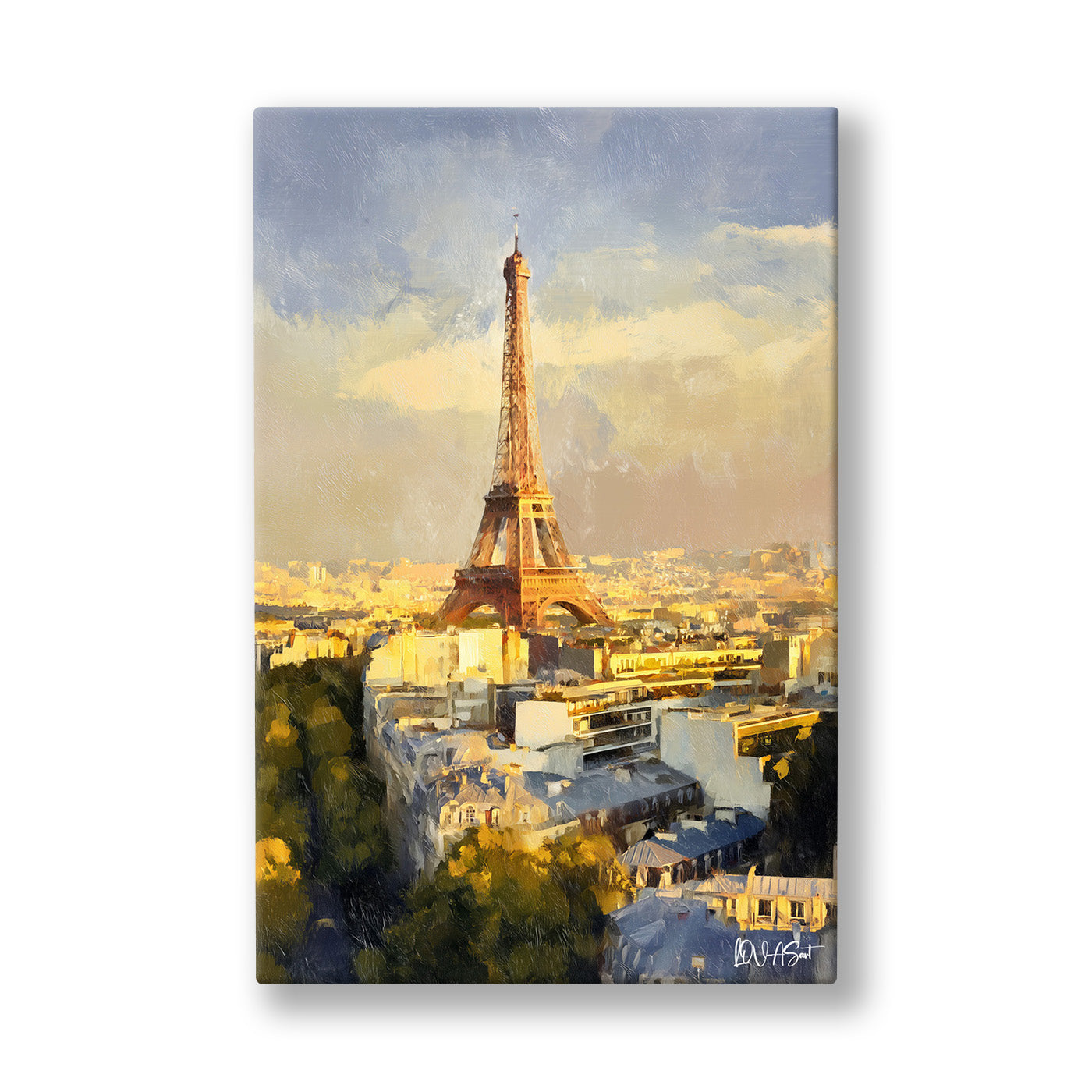 Beyaz Eyfel kanvas tablo — Altın rengi gün batımında Paris çatılarının üstünde yükselen Eyfel.