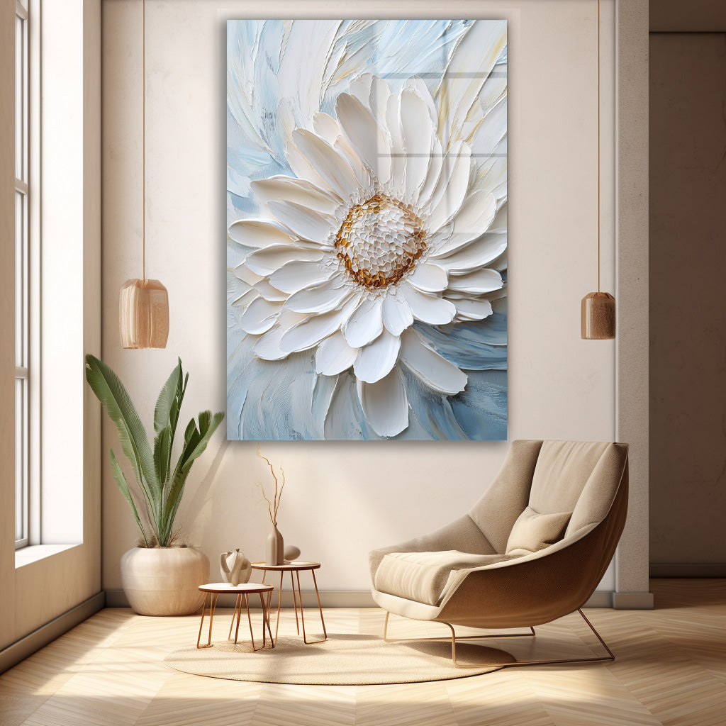 Beyaz Gerbera cam tablo — duvarda dekorasyon görünümü