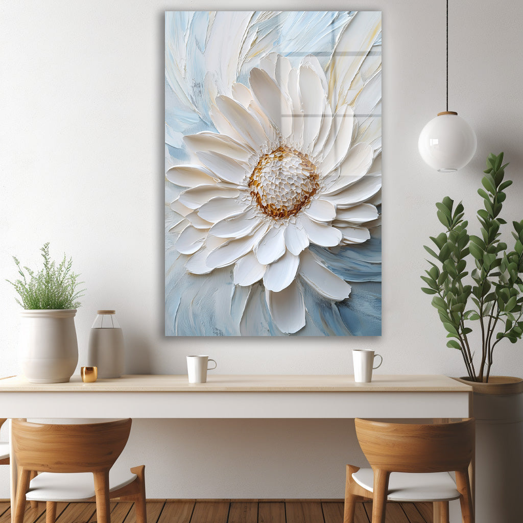 Beyaz Gerbera cam tablo — iç mekân uygulama örneği