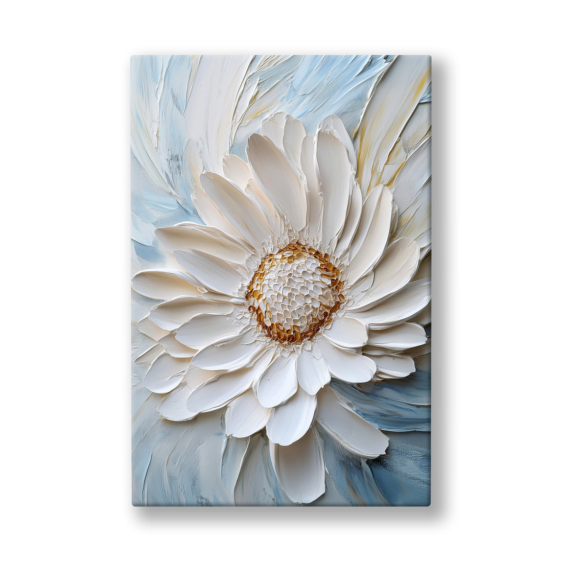 Beyaz Gerbera kanvas tablo — Uçuk mavi zeminde yaprak yaprak kabaran kocaman beyaz bir gerbera.