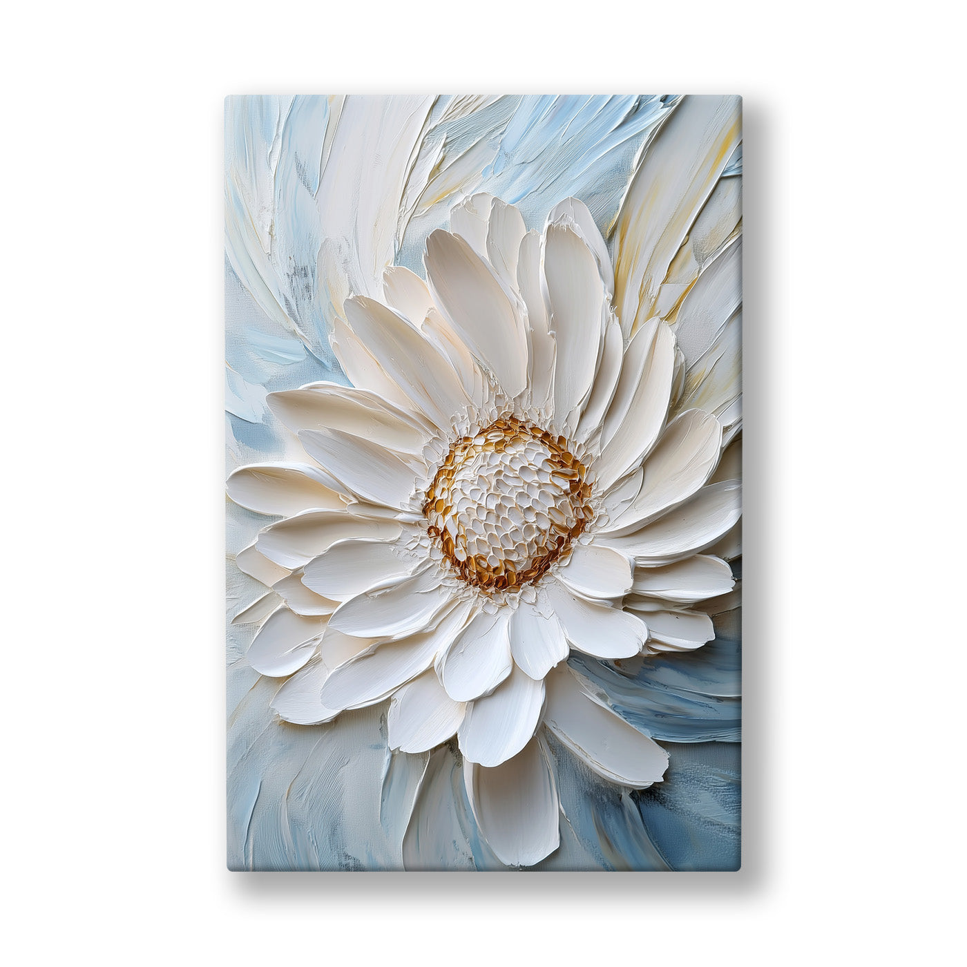 Beyaz Gerbera kanvas tablo — Uçuk mavi zeminde yaprak yaprak kabaran kocaman beyaz bir gerbera.
