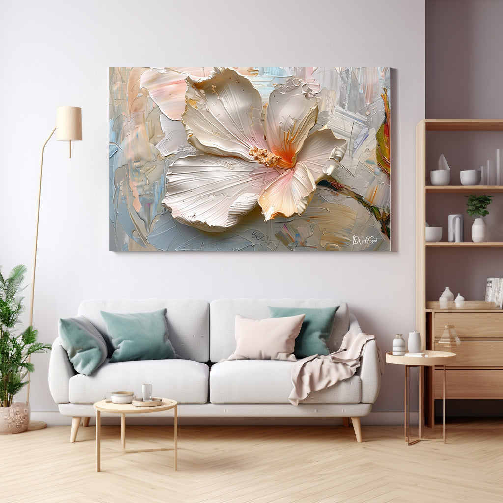 Beyaz Hibiskus kanvas tablo — duvarda dekorasyon görünümü
