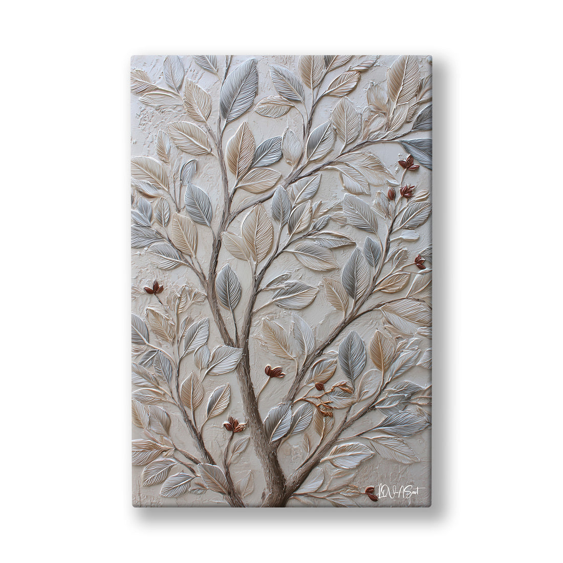 Beyaz Kabartma Ağaç 6 kanvas tablo — Gri mavi bir yüzeyde yukarı tırmanan dallar ve kırmızı küçük meyveler.