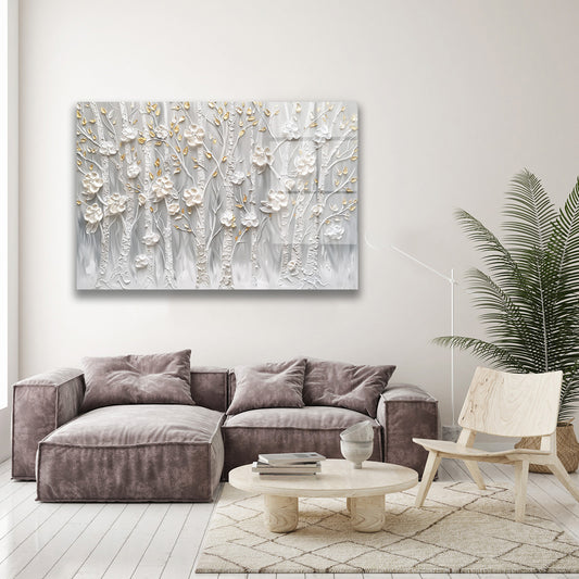 Beyaz Kabartma Çiçekler 2 cam tablo — duvarda dekorasyon görünümü