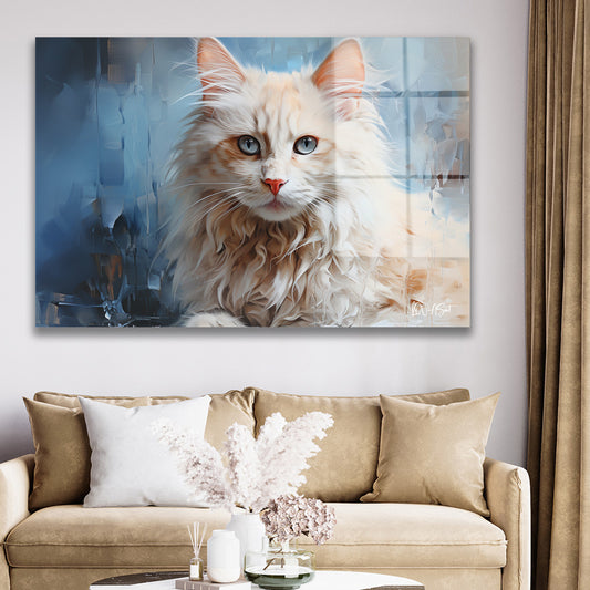 Beyaz Kedi cam tablo — duvarda dekorasyon görünümü