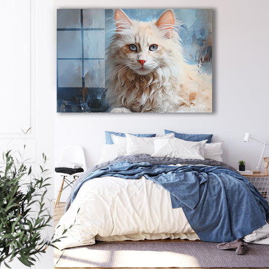 Beyaz Kedi cam tablo — iç mekân uygulama örneği