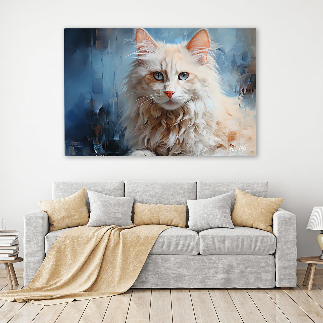 Beyaz Kedi kanvas tablo — iç mekân uygulama örneği