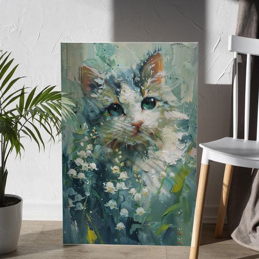 Beyaz Kedi ve Çiçekler kanvas tablo — iç mekân uygulama örneği