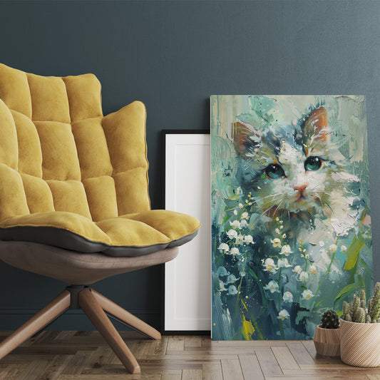 Beyaz Kedi ve Çiçekler kanvas tablo — farklı açıdan görünüm