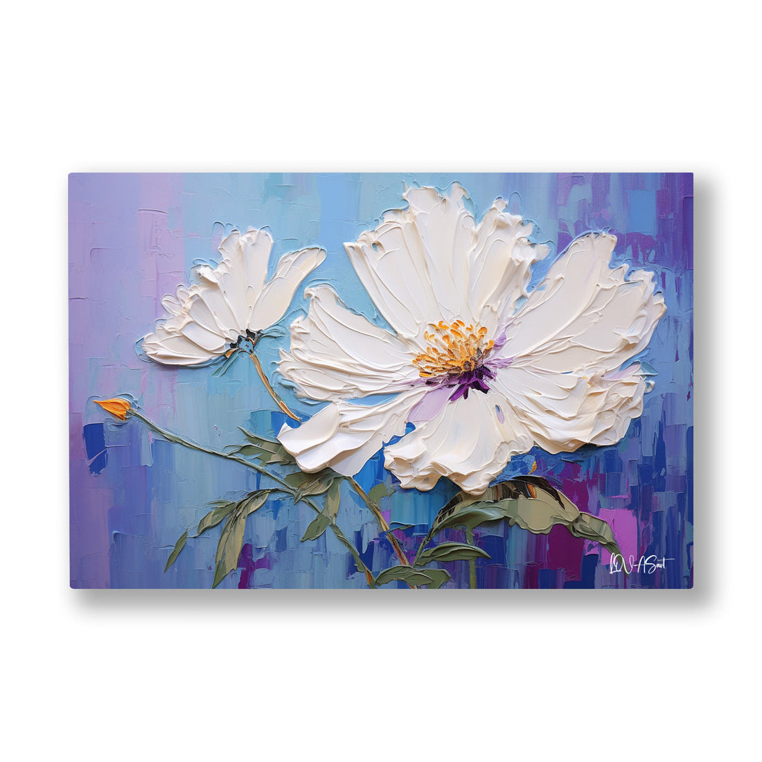 Beyaz Kır Çiçeği 3 kanvas tablo — Mor ve lila bir fonda sarı göbekleriyle salınan beyaz kır çiçekleri.