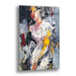 Beyaz Kırmızı Figür cam tablo — bir insan figürünü çağrıştıran renkli ve hareketli lekeleri, beyaz, pembe ve sarının çarpıştı