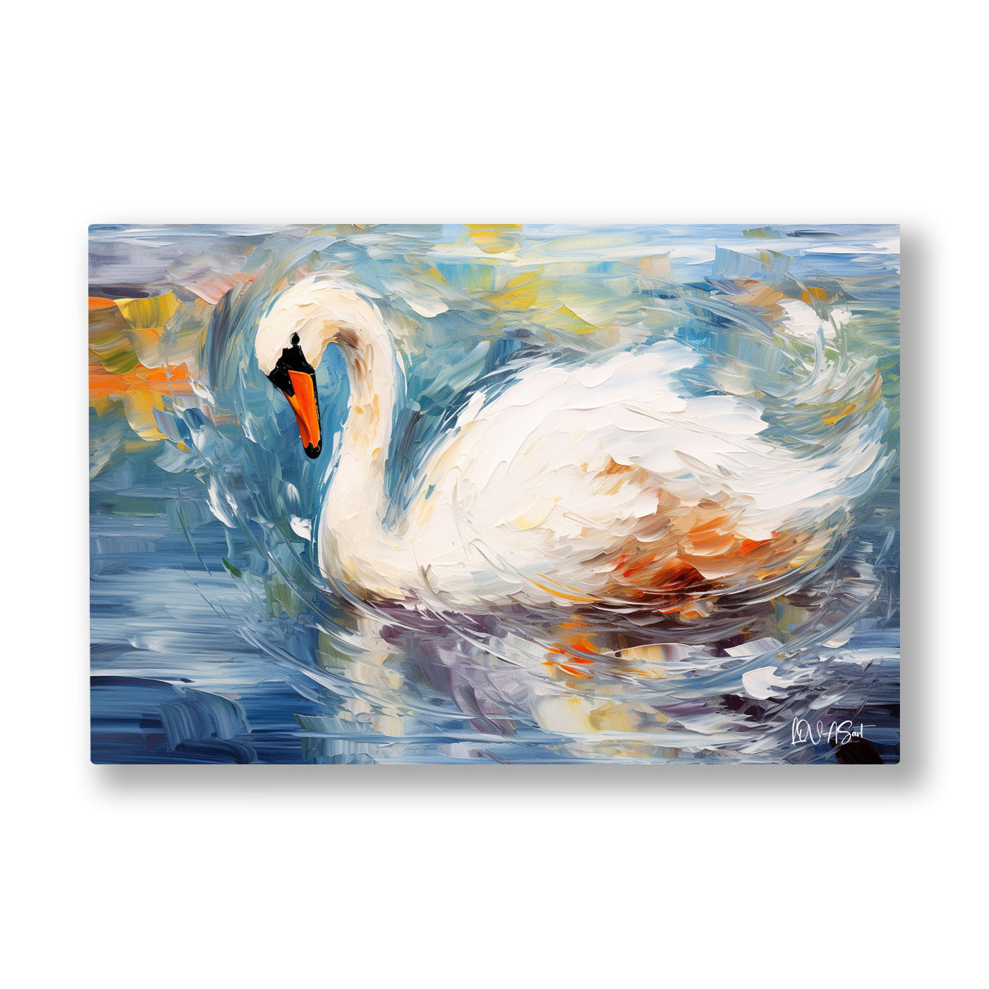 Beyaz Kuğu 2 kanvas tablo — Turkuaz sulara turuncu ışıkların düştüğü yerde süzülen bir beyaz kuğu.