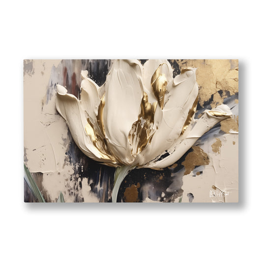 Beyaz Lale 3 kanvas tablo — Altın vurgularla ışıyan beyaz lale, koyu kahve gölgelerin içinden çıkıyor.