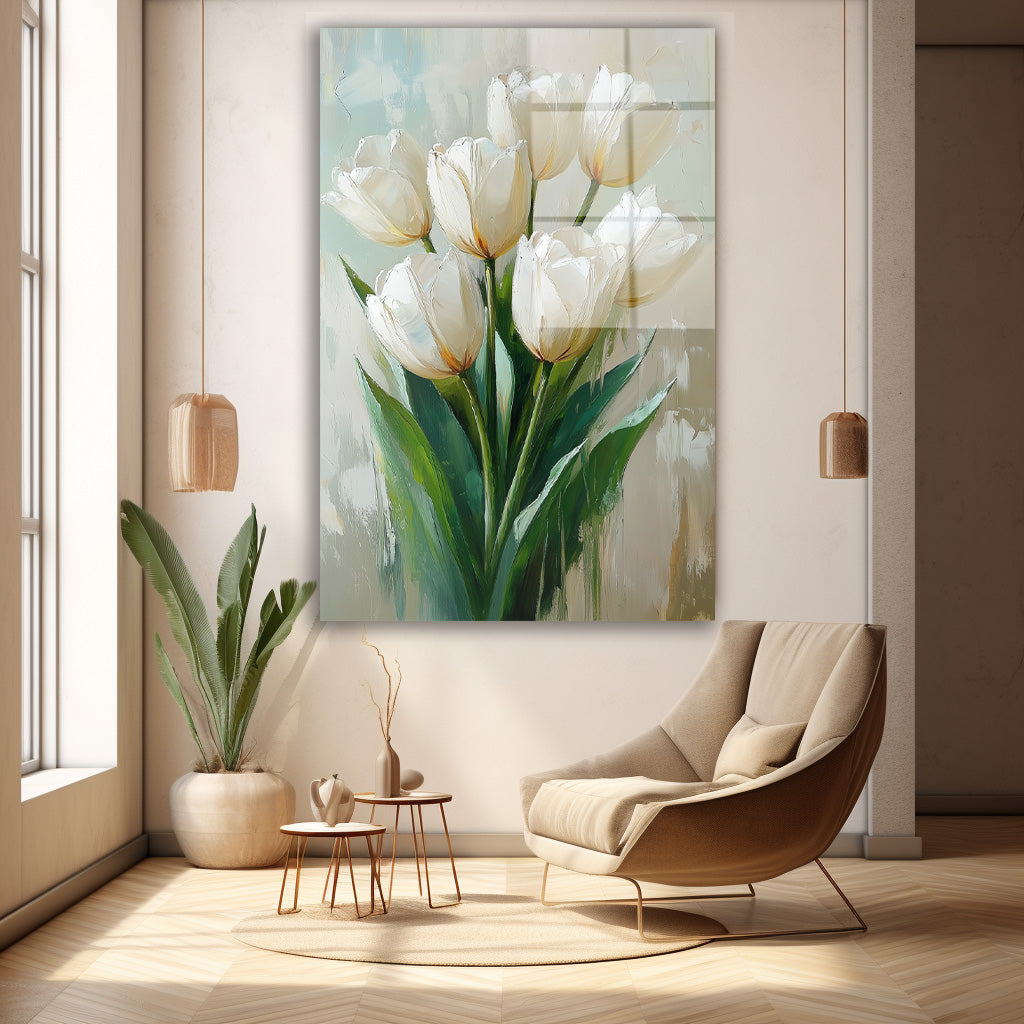 Beyaz Laleler Buketi cam tablo — duvarda dekorasyon görünümü