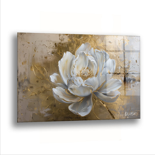 Beyaz Lotus 2 cam tablo — Altın bir zeminin ortasında açan beyaz bir lotus, tapınak sessizliği taşıyor.