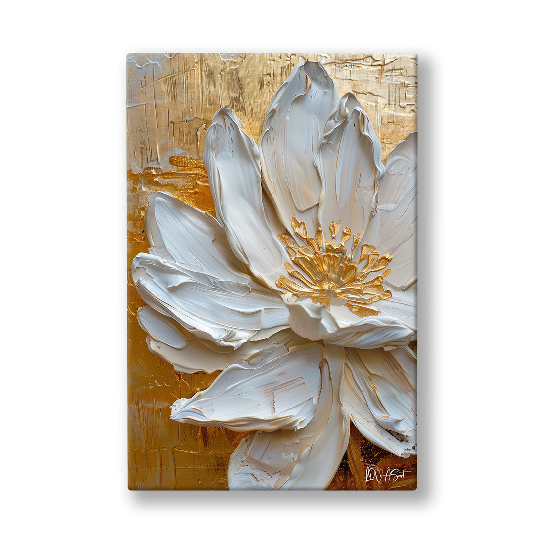 Beyaz Lotus 2 kanvas tablo — Hardal sarısı ve altın bir zeminde açan, kalın boyalı beyaz lotus.