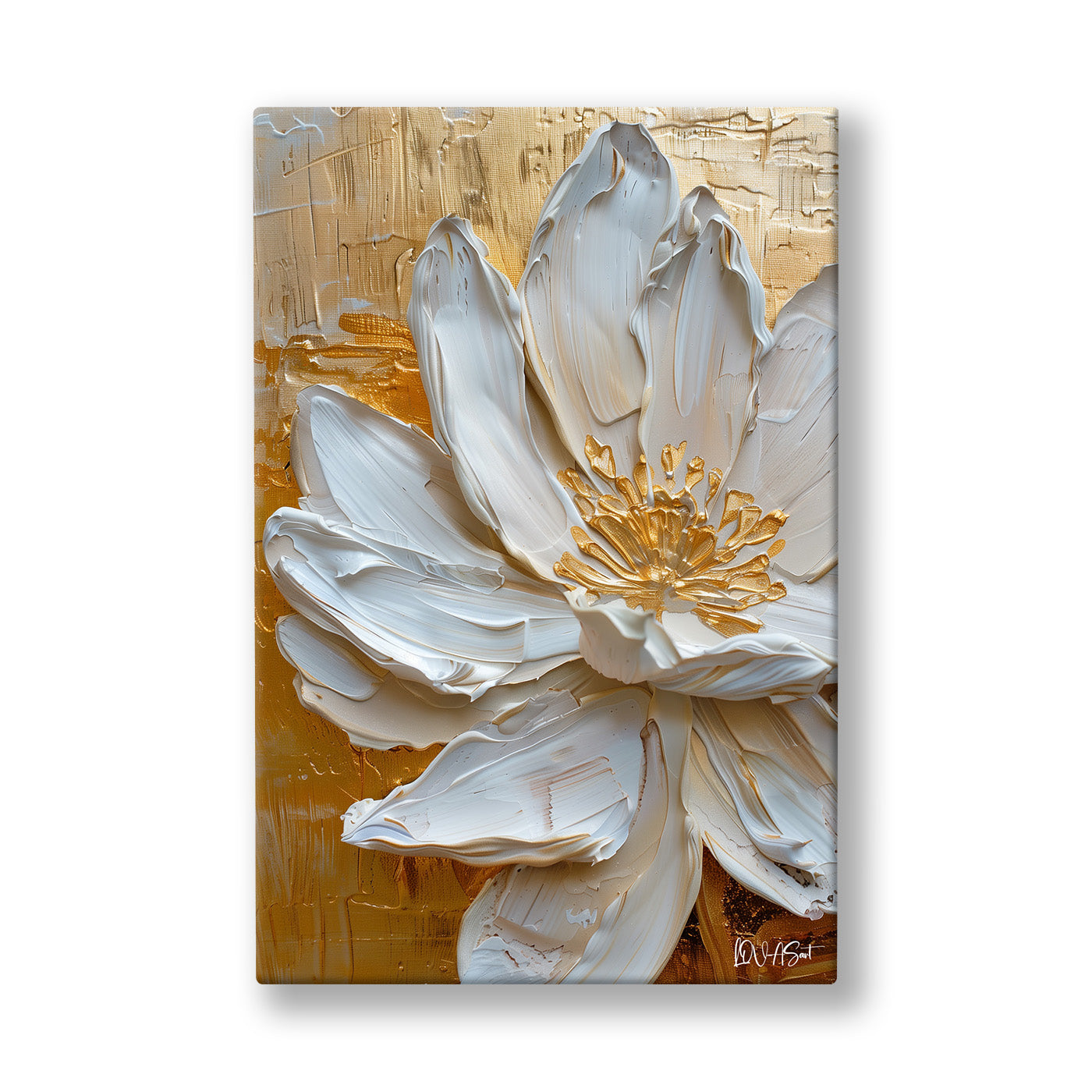 Beyaz Lotus 2 kanvas tablo — Hardal sarısı ve altın bir zeminde açan, kalın boyalı beyaz lotus.