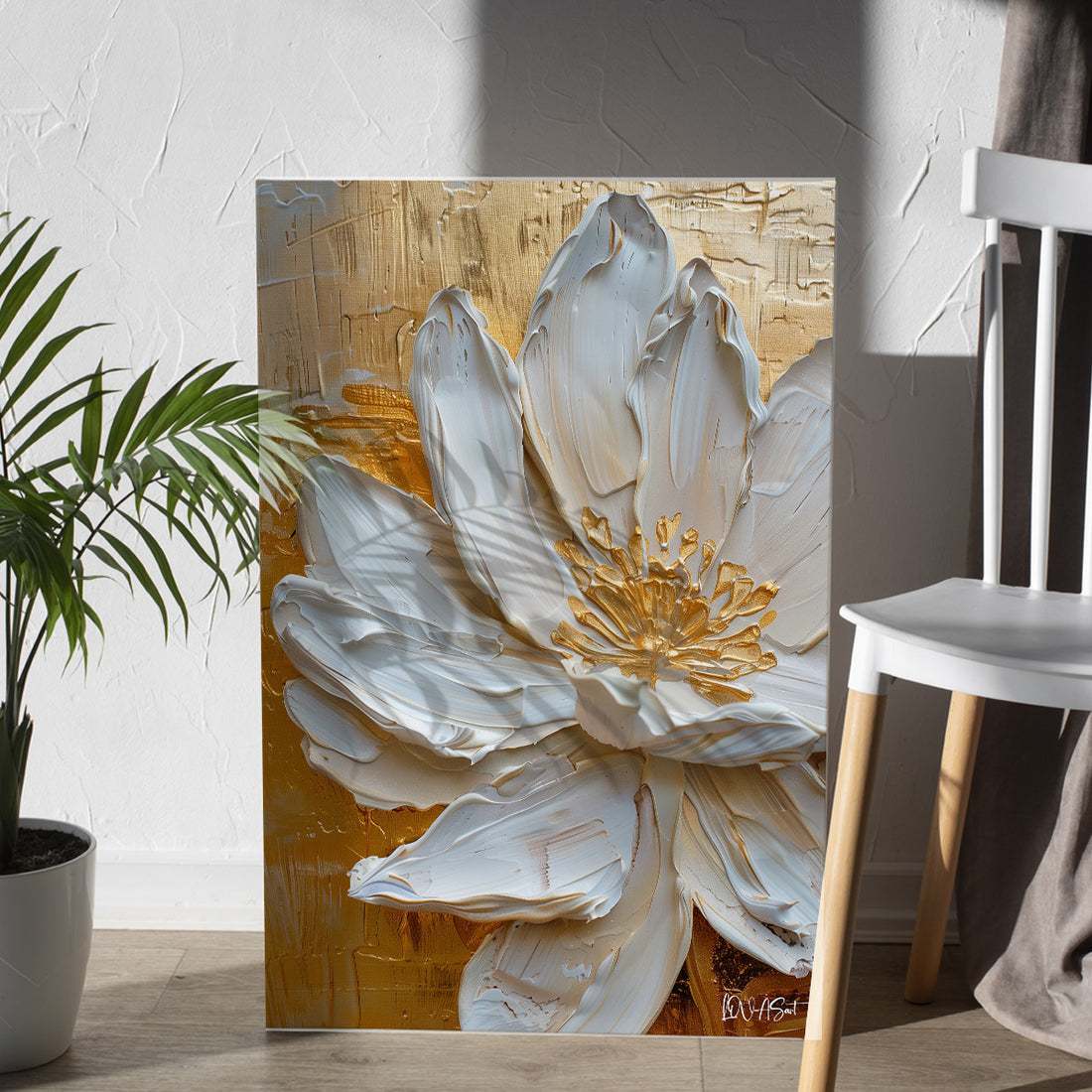 Beyaz Lotus 2 kanvas tablo — iç mekân uygulama örneği