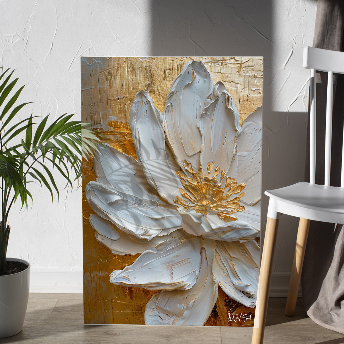 Beyaz Lotus 2 kanvas tablo — iç mekân uygulama örneği