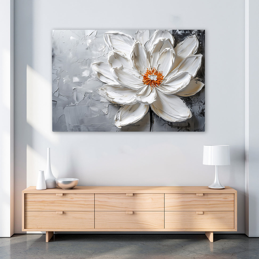 Beyaz Lotus 4 kanvas tablo — farklı açıdan görünüm