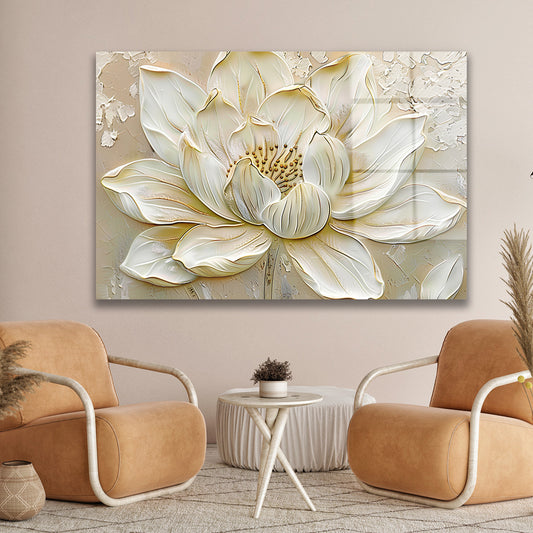 Beyaz Lotus 5 cam tablo — duvarda dekorasyon görünümü