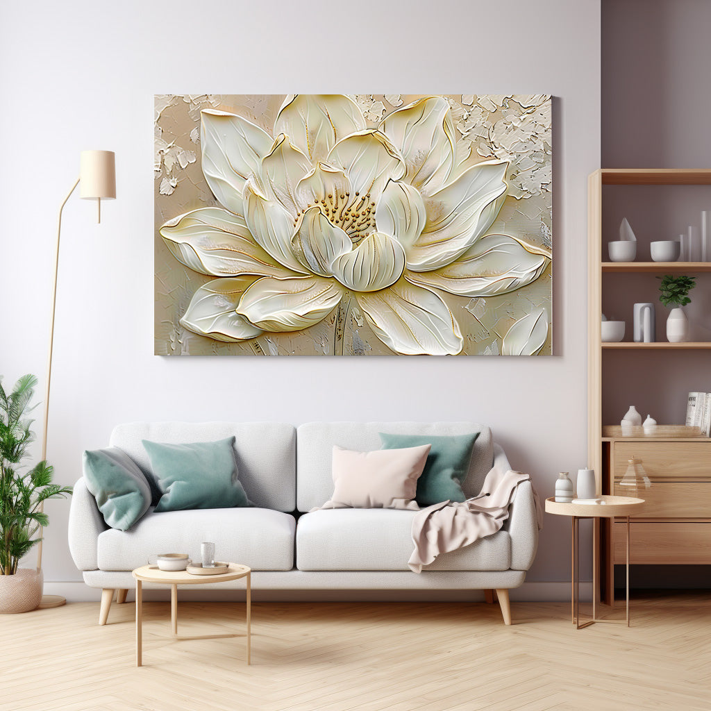 Beyaz Lotus 5 kanvas tablo — duvarda dekorasyon görünümü