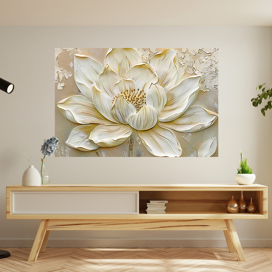 Beyaz Lotus 5 kanvas tablo — iç mekân uygulama örneği