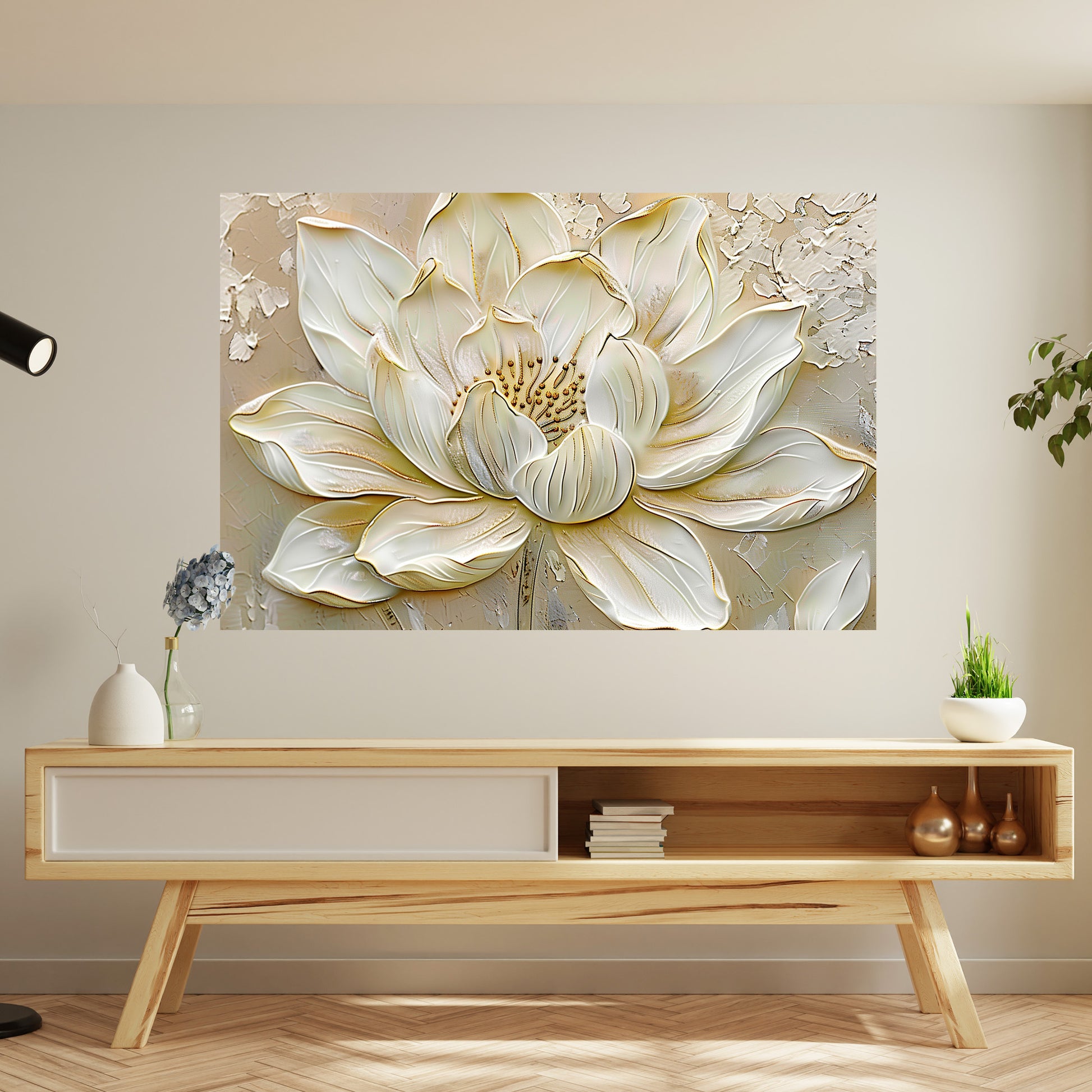 Beyaz Lotus 5 kanvas tablo — iç mekân uygulama örneği