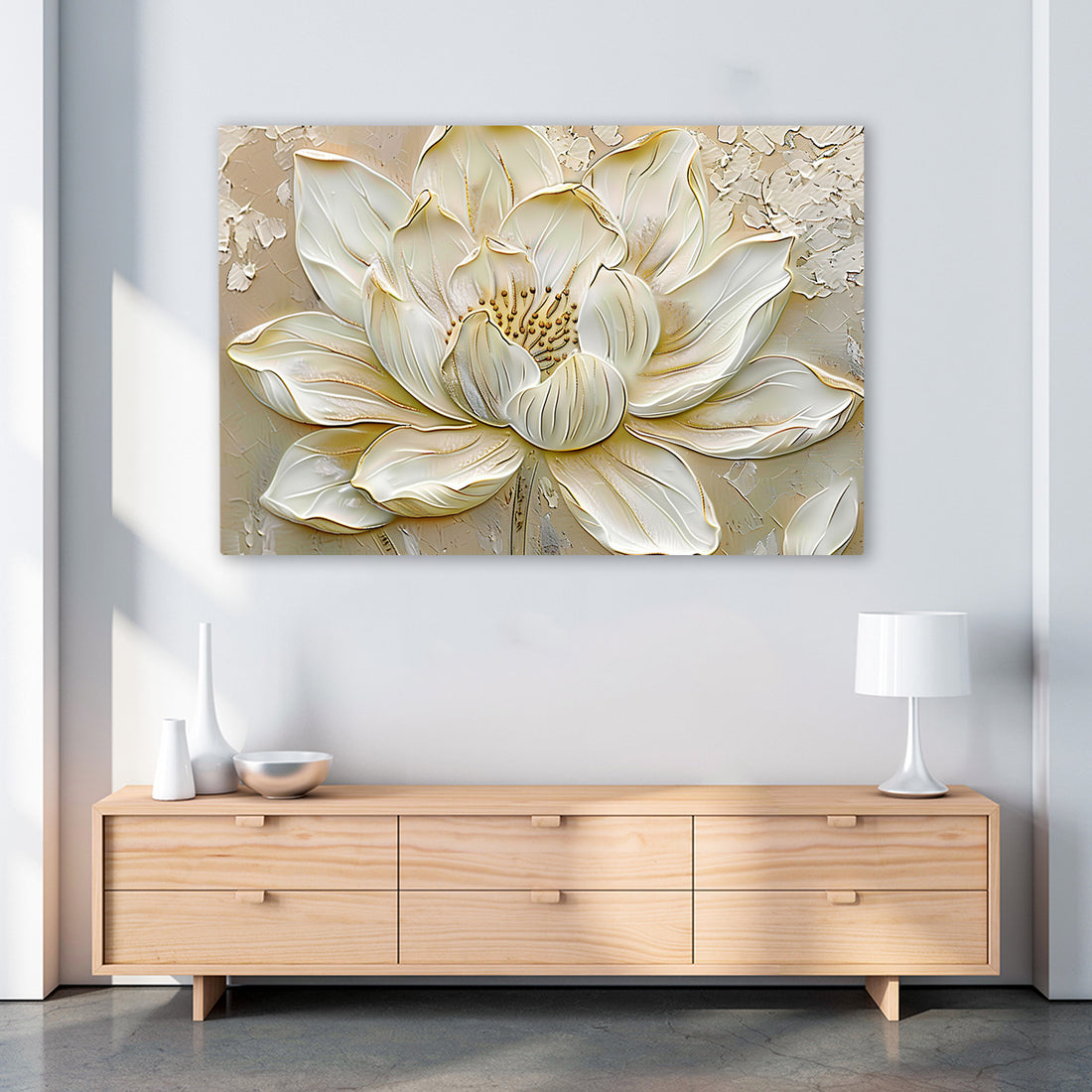 Beyaz Lotus 5 kanvas tablo — farklı açıdan görünüm