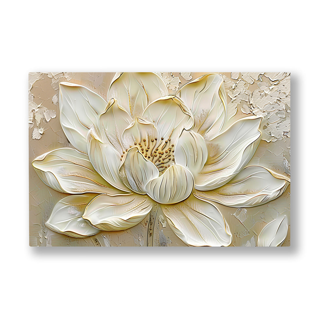 Beyaz Lotus 5 kanvas tablo — Fildişi taçyaprakları kat kat açılan, ışığı içine çeken kocaman bir lotus.