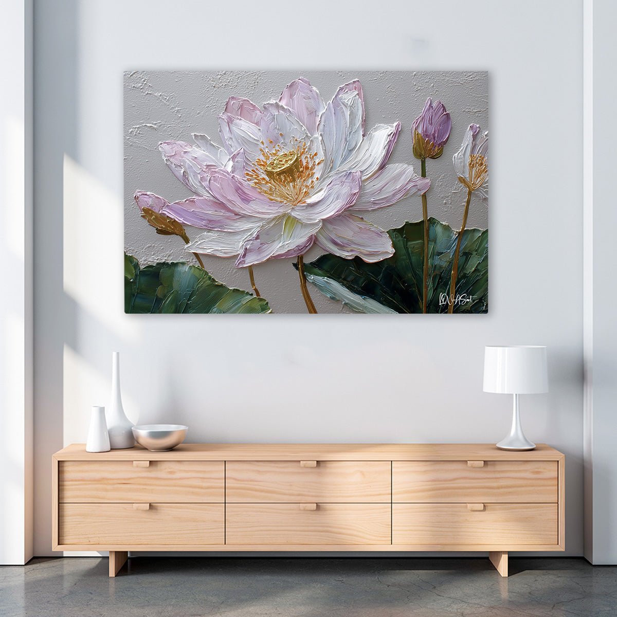 Beyaz Lotus 6 kanvas tablo — farklı açıdan görünüm