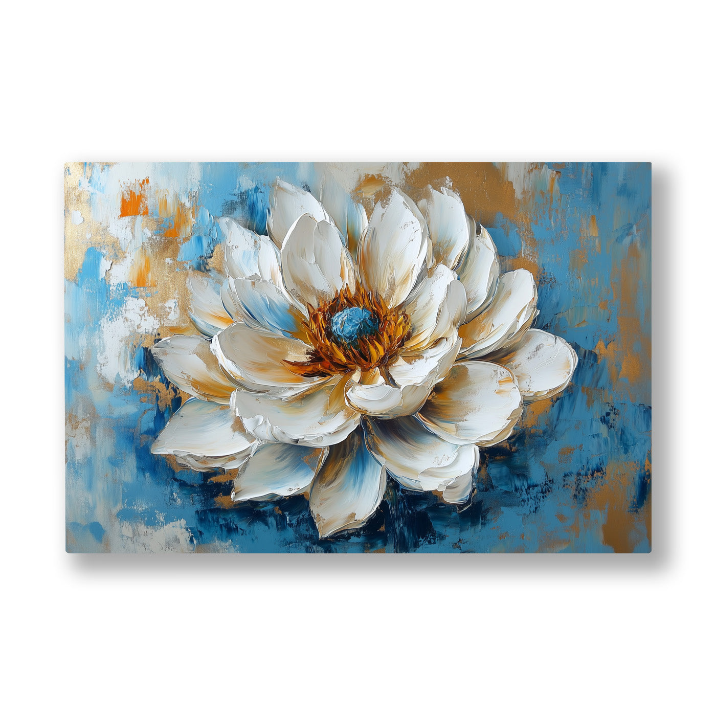 Beyaz Lotus 7 kanvas tablo — Buz mavisi bir zeminde altın damarlarıyla parlayan iri bir beyaz lotus.