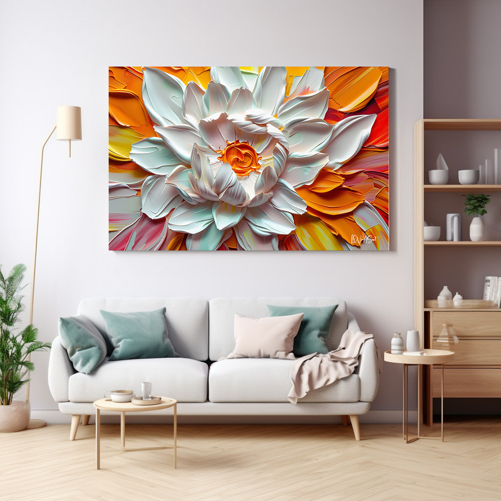 Beyaz Lotus 8 kanvas tablo — duvarda dekorasyon görünümü